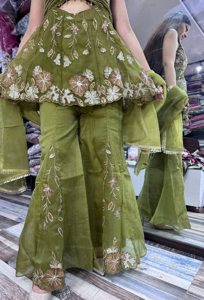 Spaghetti Strap Embroidered Top with Gotta Work Cute Peplum Sharara Suit in Crush Silk with Four-Side Border Dupatta