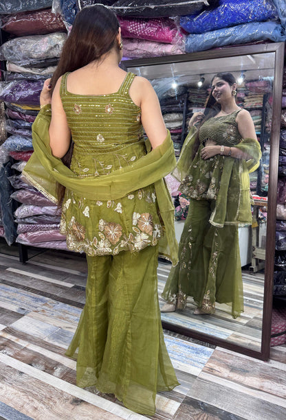 Spaghetti Strap Embroidered Top with Gotta Work Cute Peplum Sharara Suit in Crush Silk with Four-Side Border Dupatta
