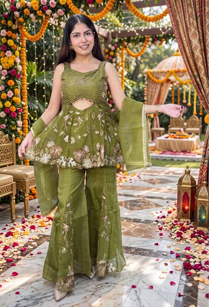 Spaghetti Strap Top with Gotta Work Cute Crush Silk Peplum Sharara Suit with Dupatta