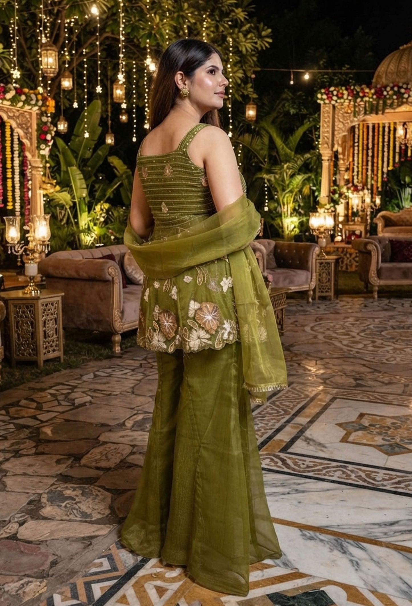 Spaghetti Strap Top with Gotta Work Cute Crush Silk Peplum Sharara Suit with Dupatta