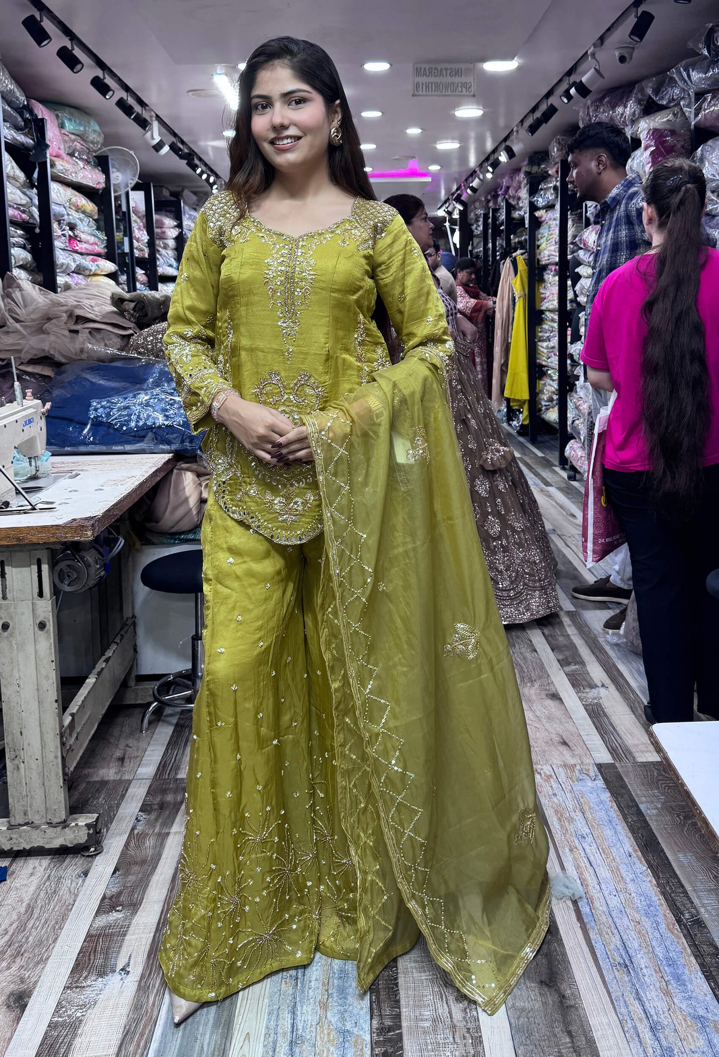 Designer All-Over Embroidered Shirt & Sharara with Embroidered Organza Dupatta in Chinnon Silk