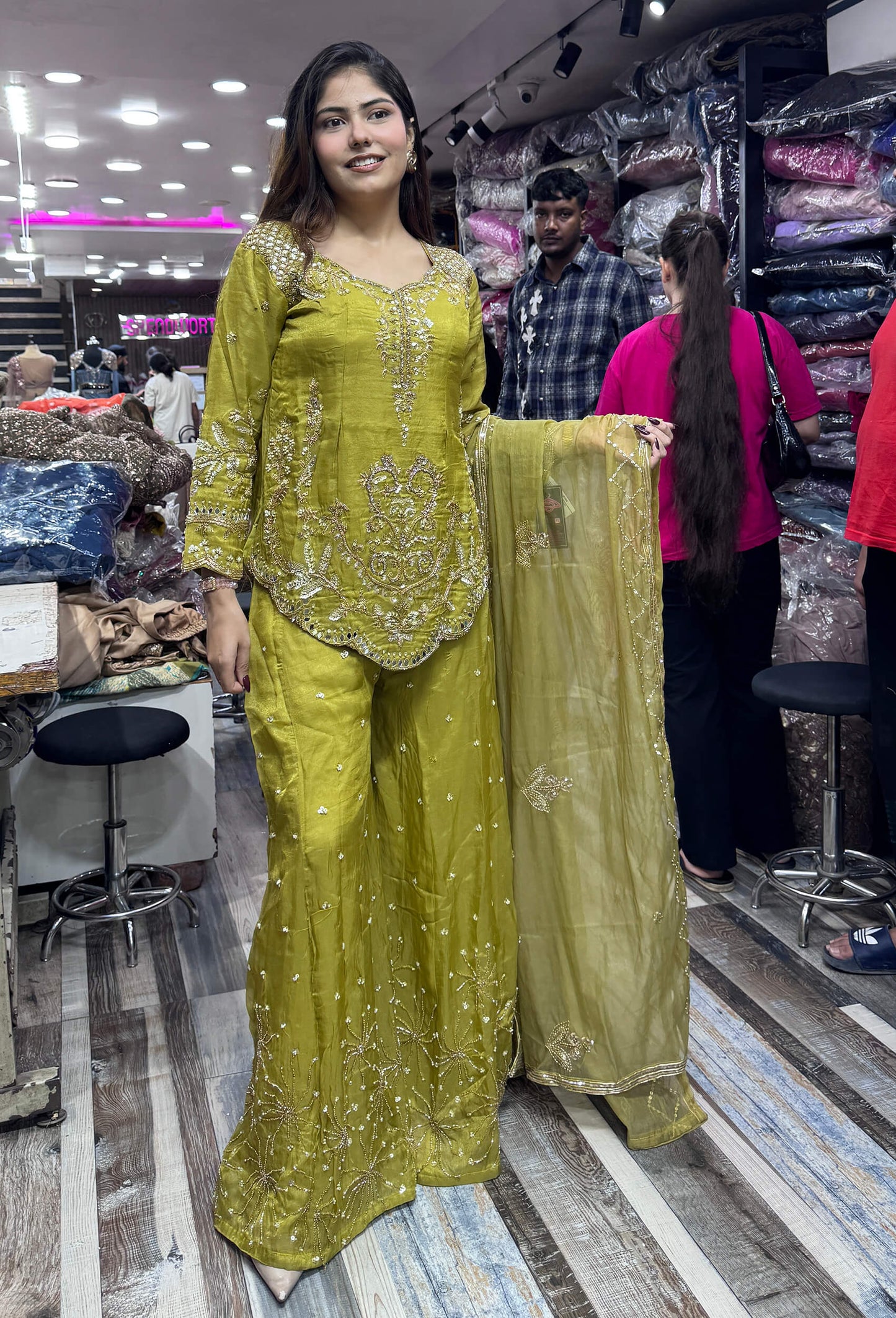 Designer All-Over Embroidered Shirt & Sharara with Embroidered Organza Dupatta in Chinnon Silk