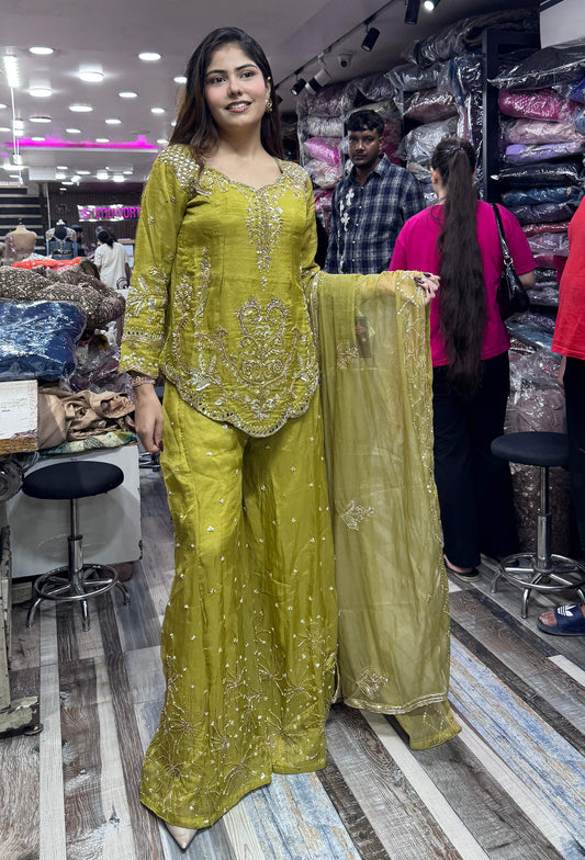 Designer All-Over Embroidered Shirt & Sharara with Embroidered Organza Dupatta in Chinnon Silk