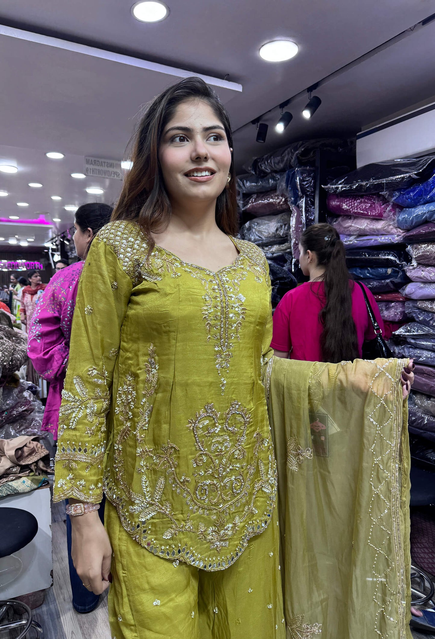 Designer All-Over Embroidered Shirt & Sharara with Embroidered Organza Dupatta in Chinnon Silk