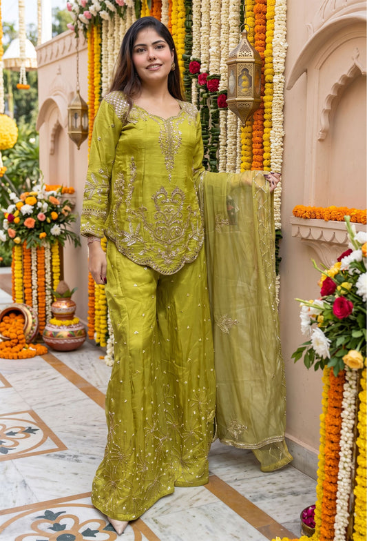 Designer All-Over Embroidered Shirt & Sharara with Embroidered Organza Dupatta in Chinnon Silk