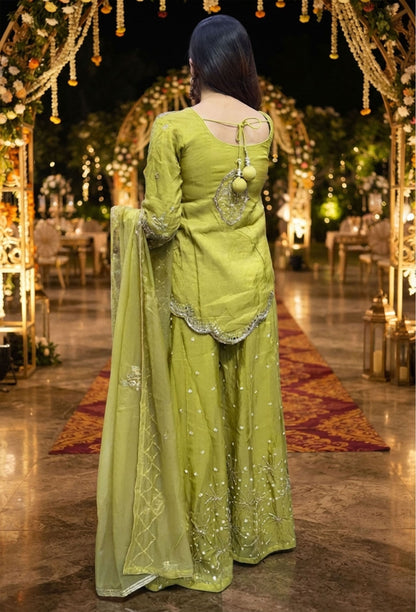 Designer Embroidered Shirt & Sharara with Organza Dupatta in Chinnon Silk