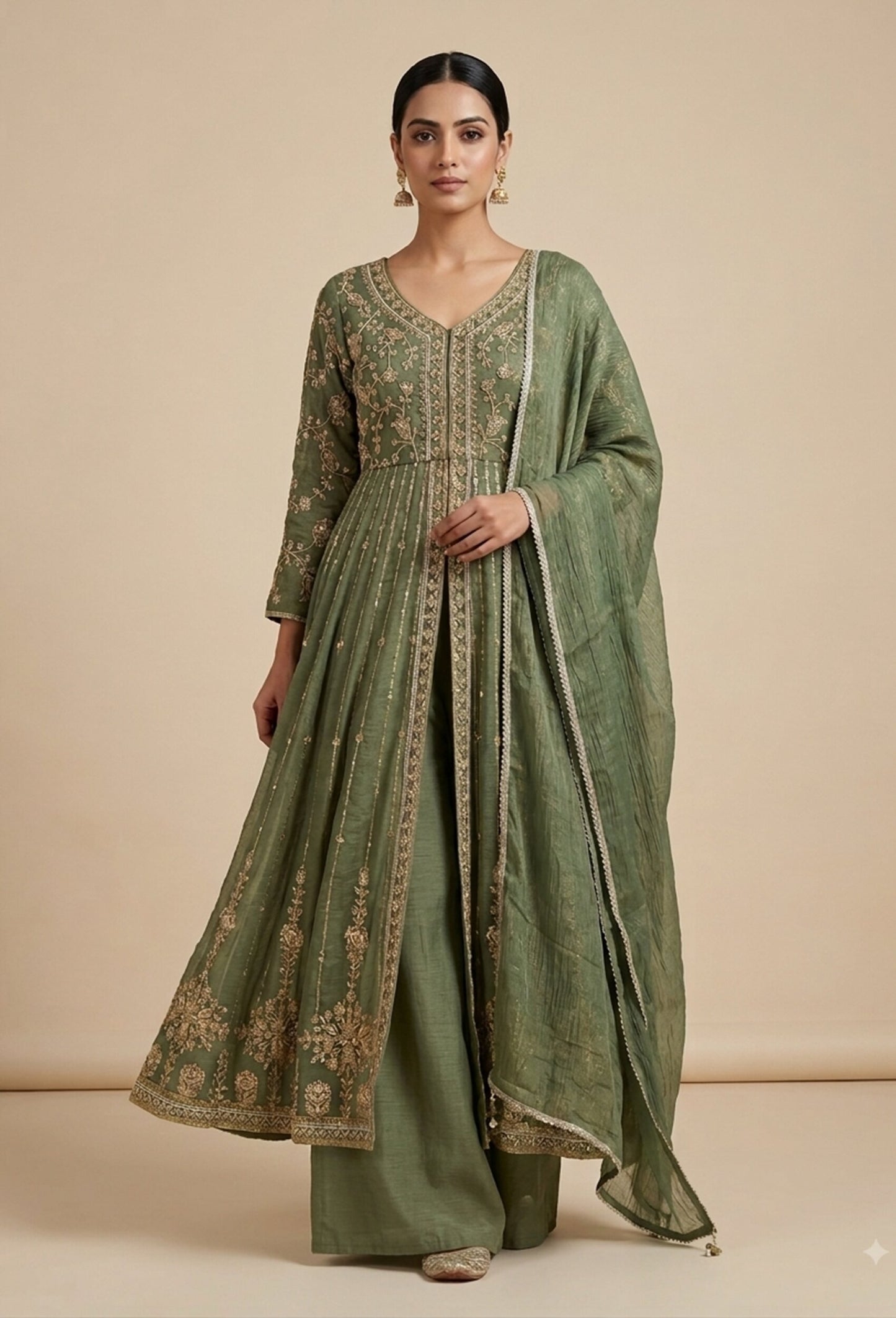 Front-Slit Shimmer Tissue Silk Anarkali Suit Set with Plazo Pants with Dupatta