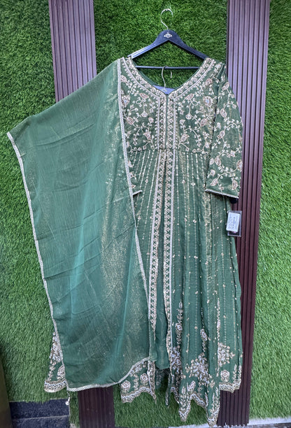 Front-Slit Shimmer Tissue Silk Anarkali Suit Set with Plazo Pants with Dupatta