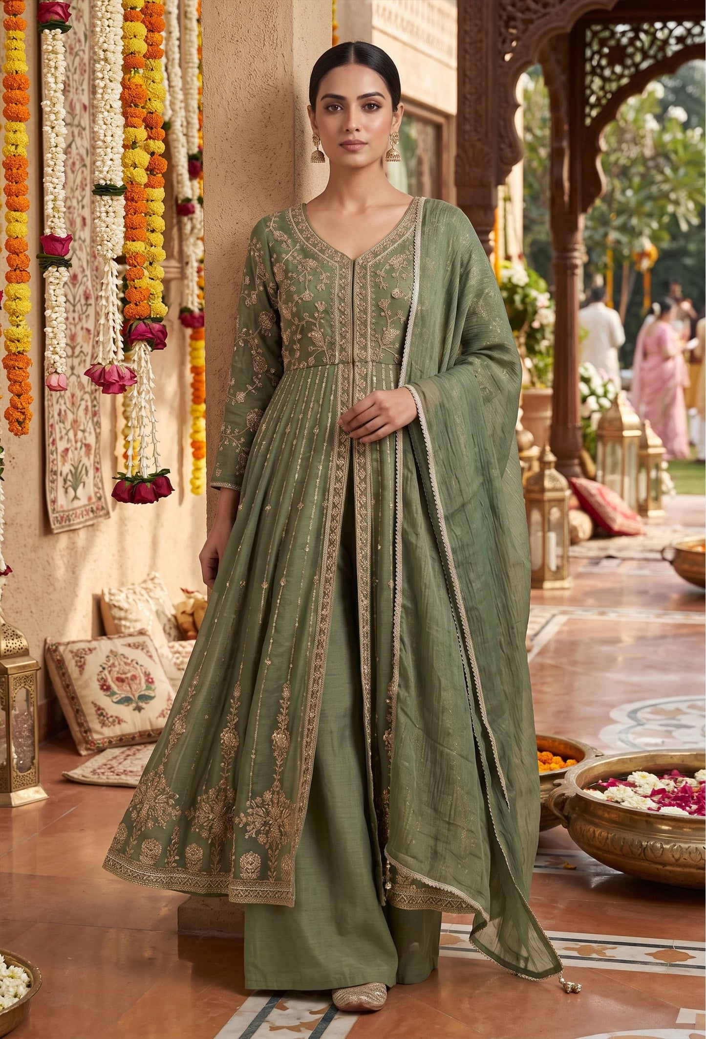 Front-Slit Shimmer Tissue Silk Anarkali Suit Set with Plazo Pants with Dupatta