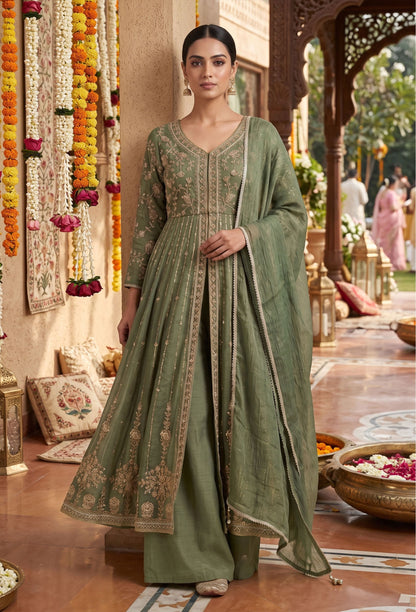 Front-Slit Shimmer Tissue Silk Anarkali Suit Set with Plazo Pants with Dupatta