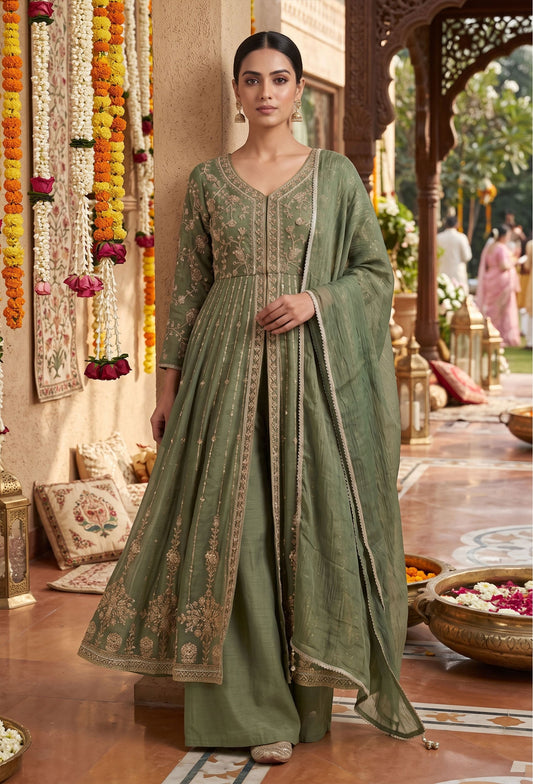 Front-Slit Shimmer Tissue Silk Anarkali Suit Set with Plazo Pants with Dupatta