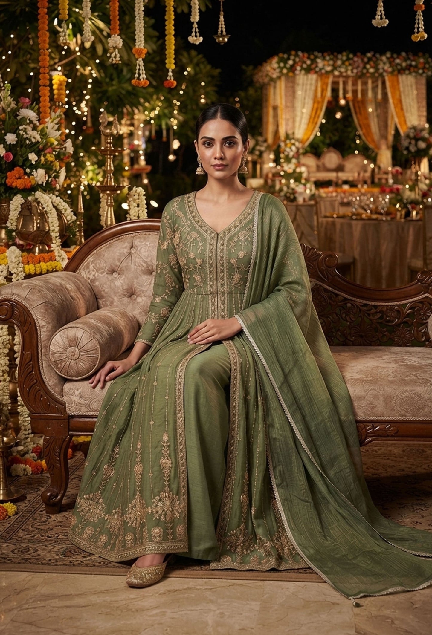 Front-Slit Shimmer Tissue Silk Anarkali Suit Set with Plazo Pants with Dupatta