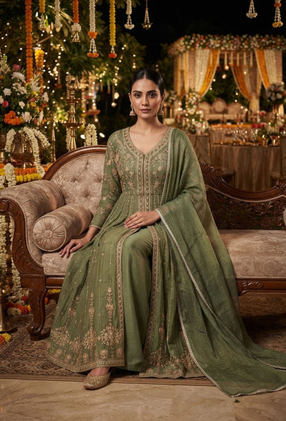 Front-Slit Shimmer Tissue Silk Anarkali Suit Set with Plazo Pants with Dupatta