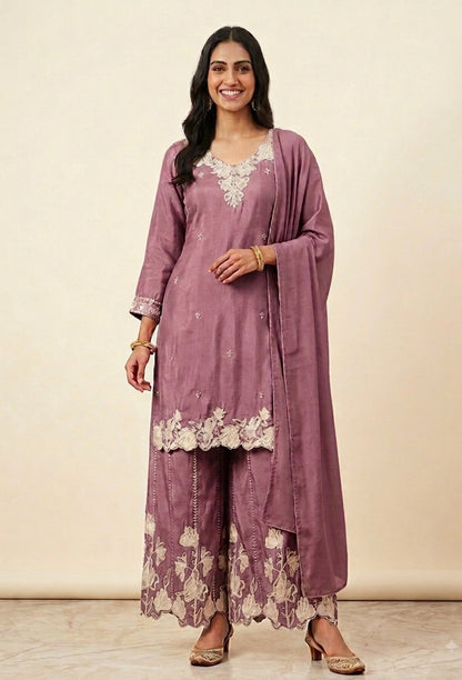 Designer Heavy Embroidered Chinnon Silk Straight Suit Set with Dupatta