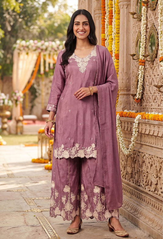 Designer Heavy Embroidered Chinnon Silk Straight Suit Set with Dupatta