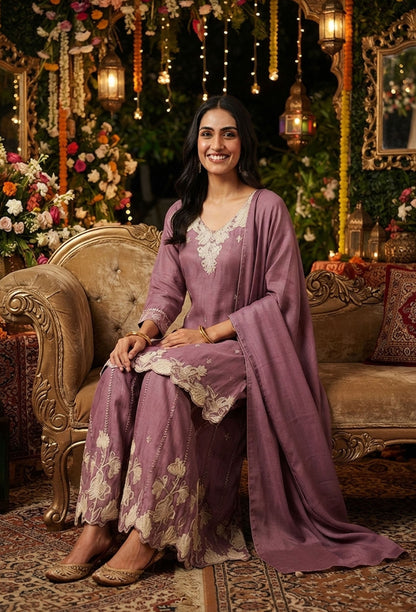 Designer Heavy Embroidered Chinnon Silk Straight Suit Set with Dupatta