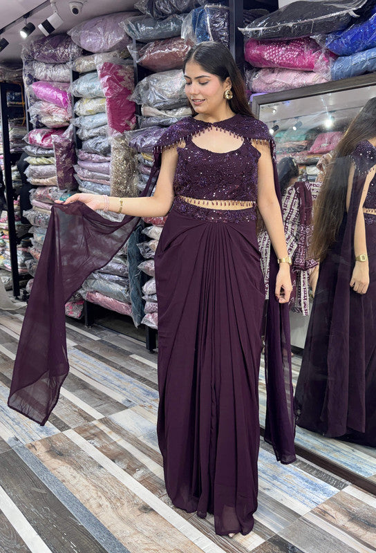 Designer Indo-Western Crop Top Skirt Set with Embroidered Cape and Flowing Sleeves