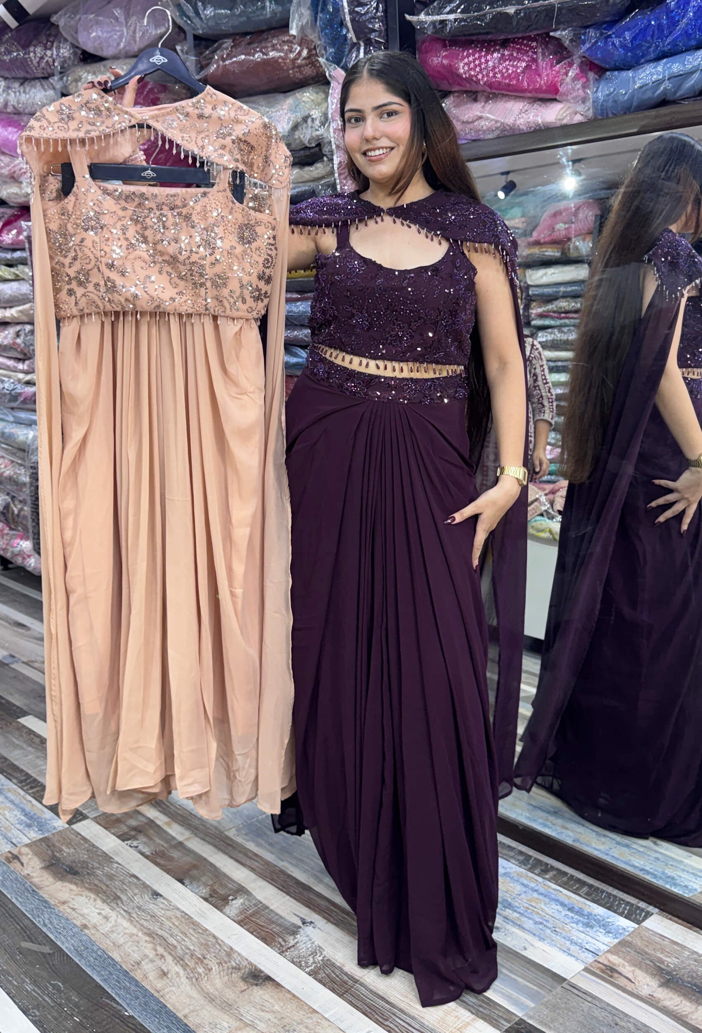 Designer Indo-Western Crop Top Skirt Set with Embroidered Cape and Flowing Sleeves