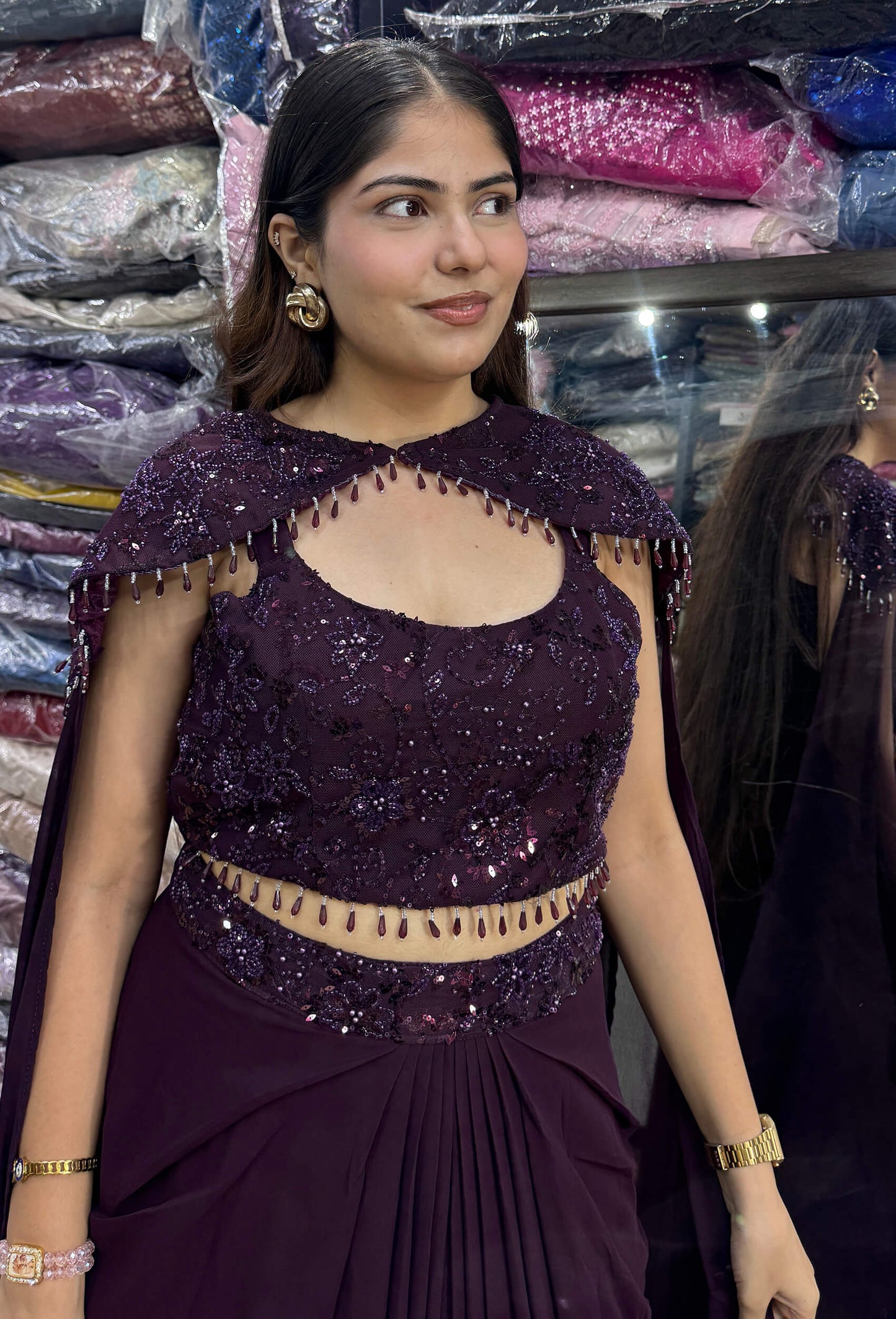 Designer Indo-Western Crop Top Skirt Set with Embroidered Cape and Flowing Sleeves