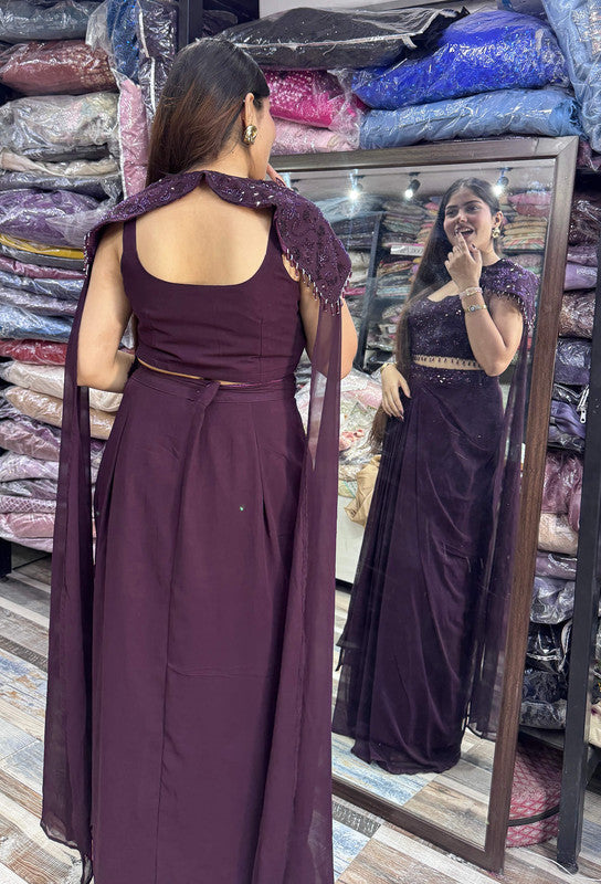 Designer Indo-Western Crop Top Skirt Set with Embroidered Cape and Flowing Sleeves