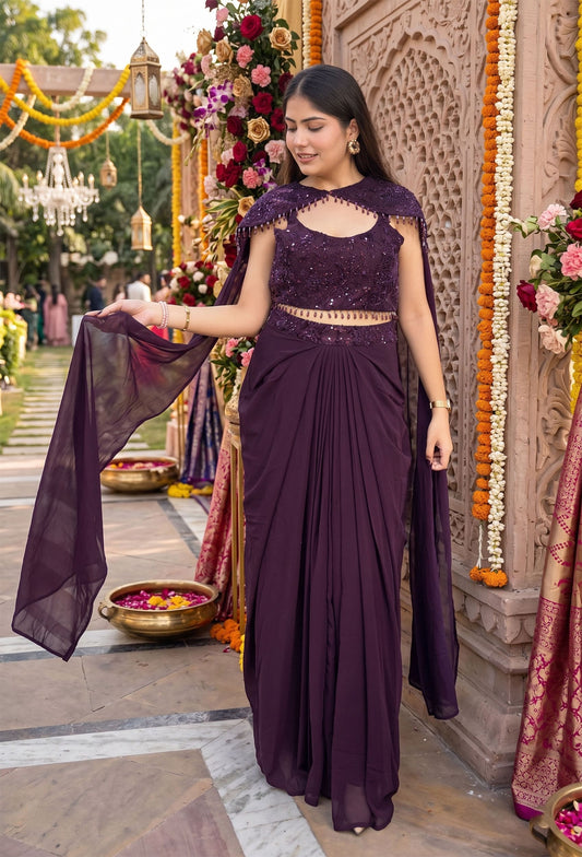 Designer Indo-Western Crop Top Skirt Set with Embroidered Cape and Flowing Sleeves