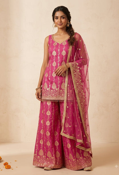 Pure Banarasi Straight Shirt and Plazo Pants Suit Set for Women with Embroidered Net Dupatta