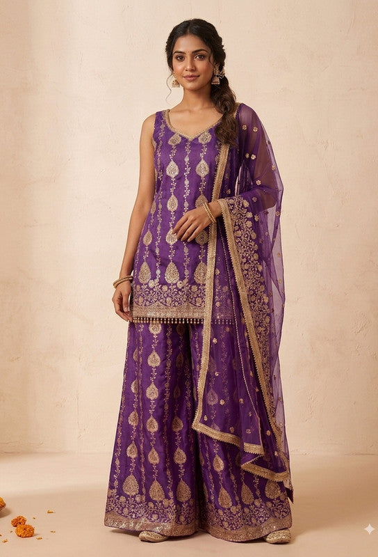 Pure Banarasi Straight Shirt and Plazo Pants Suit Set for Women with Embroidered Net Dupatta