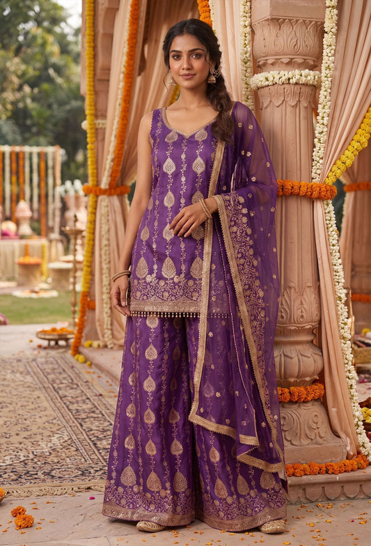 Pure Banarasi Straight Shirt and Plazo Pants Suit Set for Women with Embroidered Net Dupatta