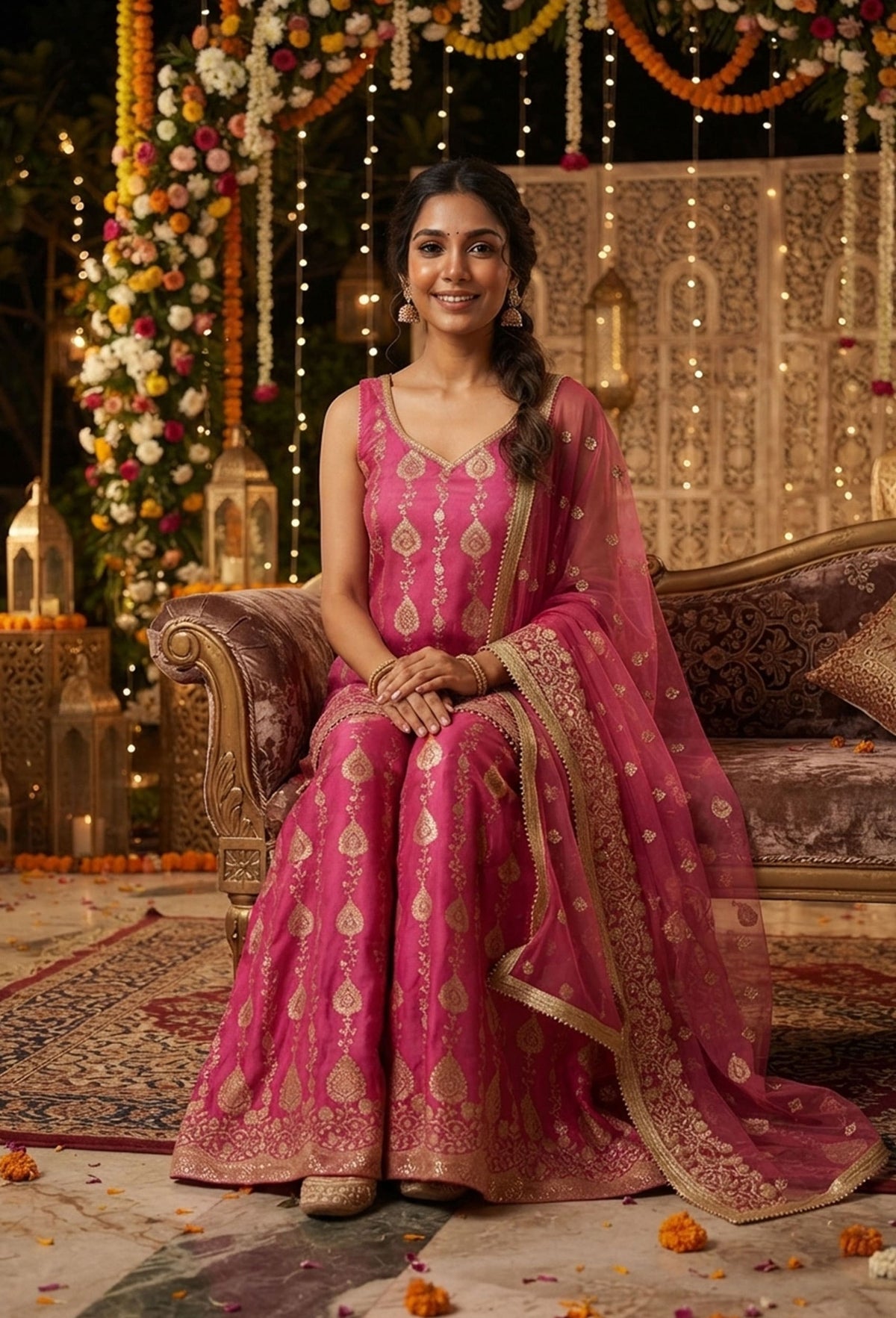 Pure Banarasi Straight Shirt and Plazo Pants Suit Set for Women with Embroidered Net Dupatta