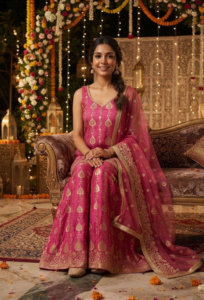 Pure Banarasi Straight Shirt and Plazo Pants Suit Set for Women with Embroidered Net Dupatta