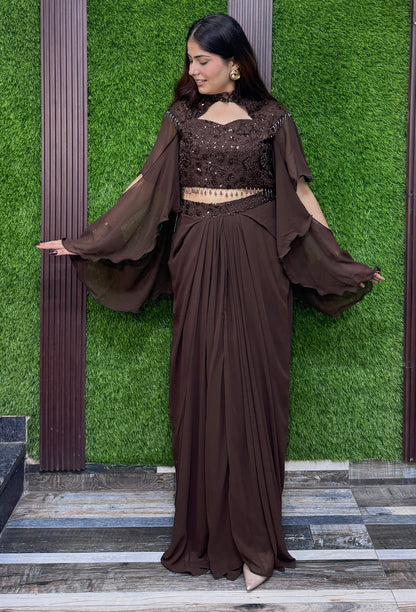 Designer Indo-Western Crop Top & Tulip Skirt Set in Georgette with Falling Cape