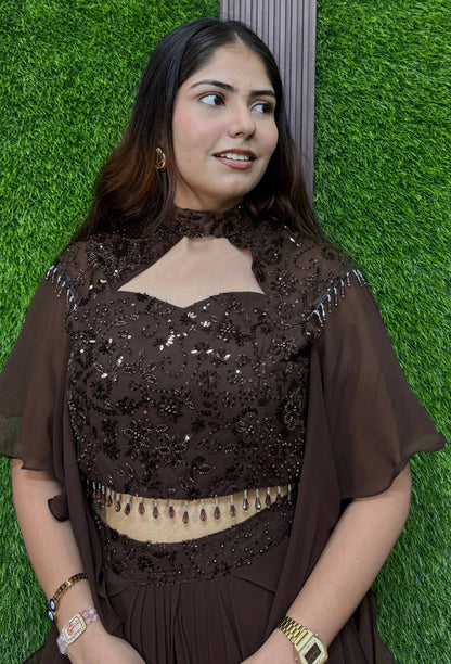 Designer Indo-Western Crop Top & Tulip Skirt Set in Georgette with Falling Cape
