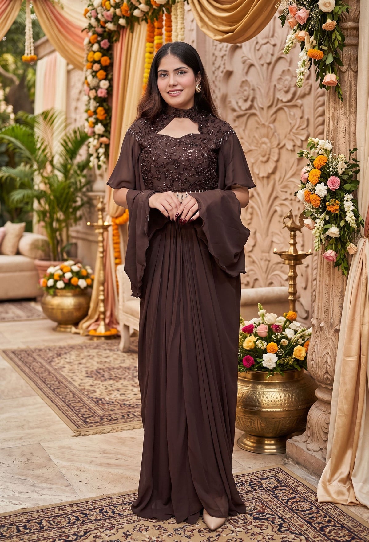 Designer Indo-Western Crop Top & Tulip Skirt Set in Georgette with Falling Cape