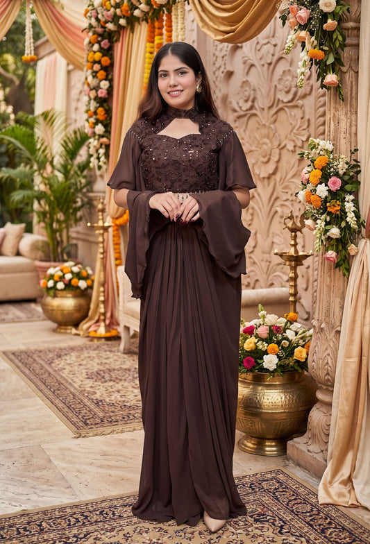 Designer Indo-Western Crop Top & Tulip Skirt Set in Georgette with Falling Cape