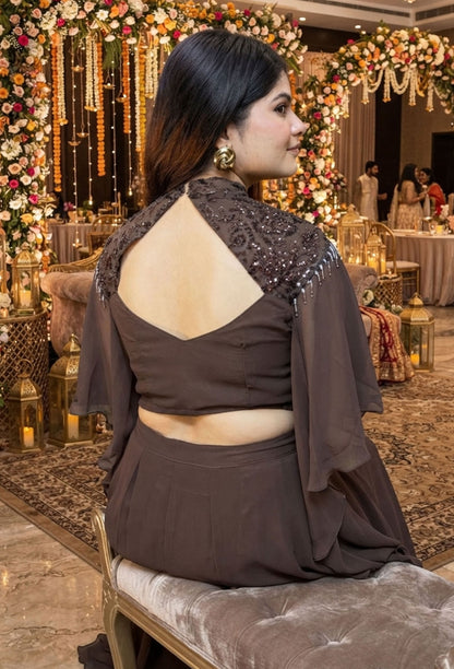 Designer Indo-Western Crop Top & Tulip Skirt Set in Georgette with Falling Cape