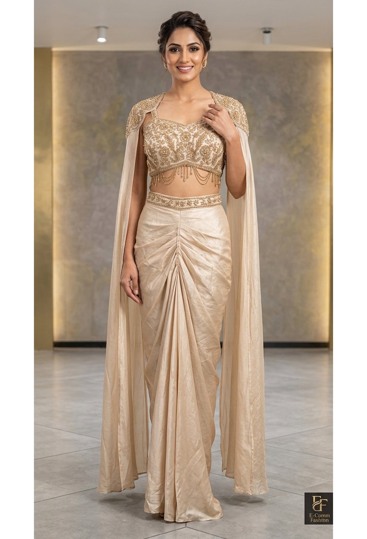 Designer Indo-Western Crop Top & Cowl Skirt Set with Waist Hangings and Falling Sleeves