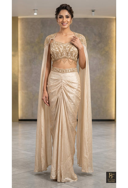 Designer Indo-Western Crop Top & Cowl Skirt Set with Waist Hangings and Falling Sleeves