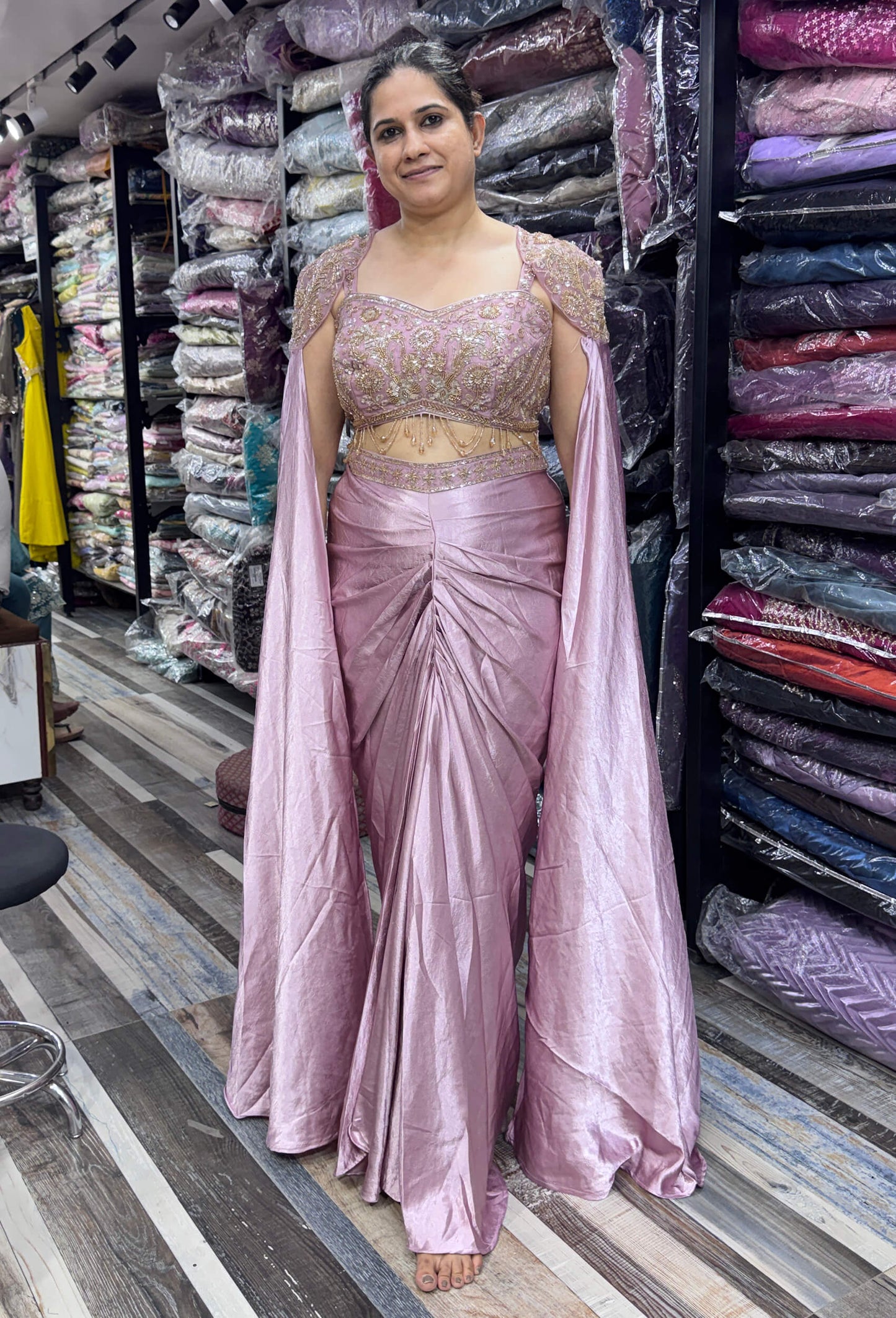 Designer Indo-Western Crop Top & Cowl Skirt Set with Waist Hangings and Falling Sleeves