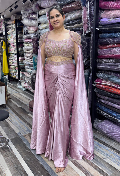 Designer Indo-Western Crop Top & Cowl Skirt Set with Waist Hangings and Falling Sleeves