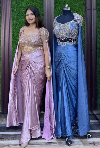 Designer Indo-Western Crop Top & Cowl Skirt Set with Waist Hangings and Falling Sleeves