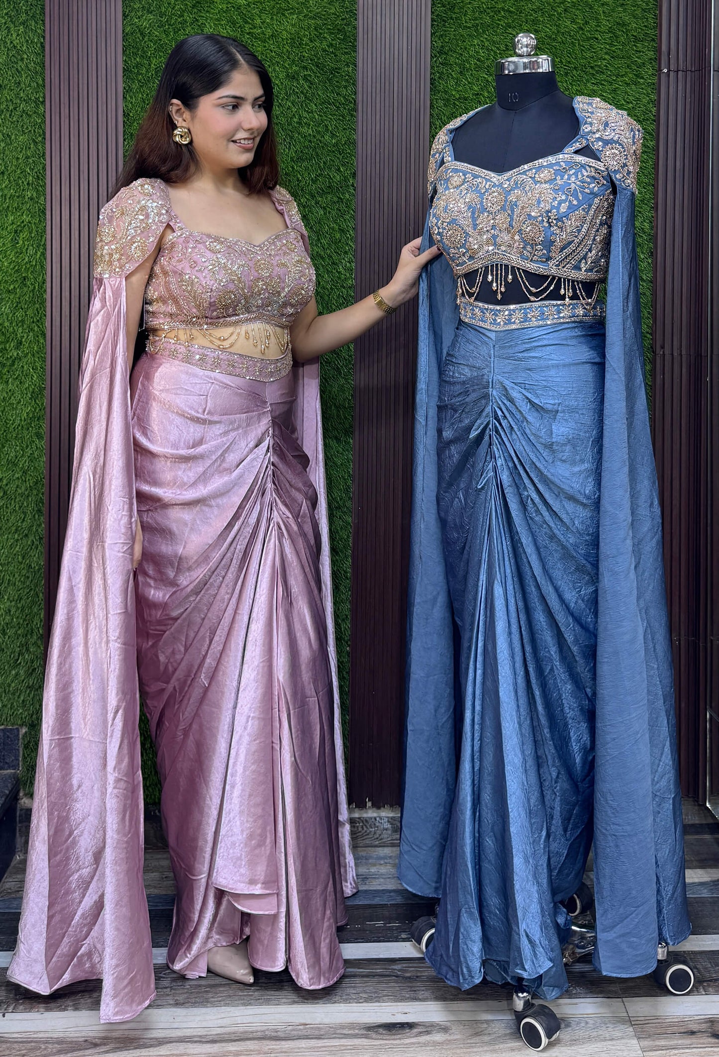Designer Indo-Western Crop Top & Cowl Skirt Set with Waist Hangings and Falling Sleeves