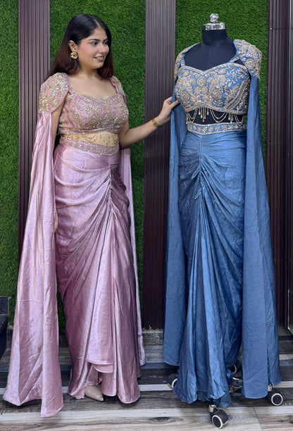 Designer Indo-Western Crop Top & Cowl Skirt Set with Waist Hangings and Falling Sleeves