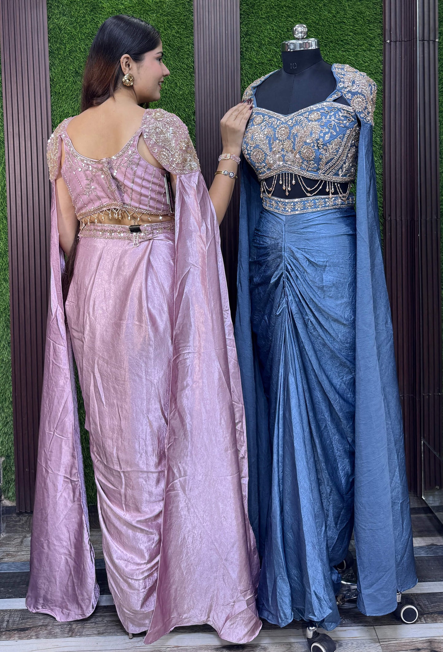 Designer Indo-Western Crop Top & Cowl Skirt Set with Waist Hangings and Falling Sleeves
