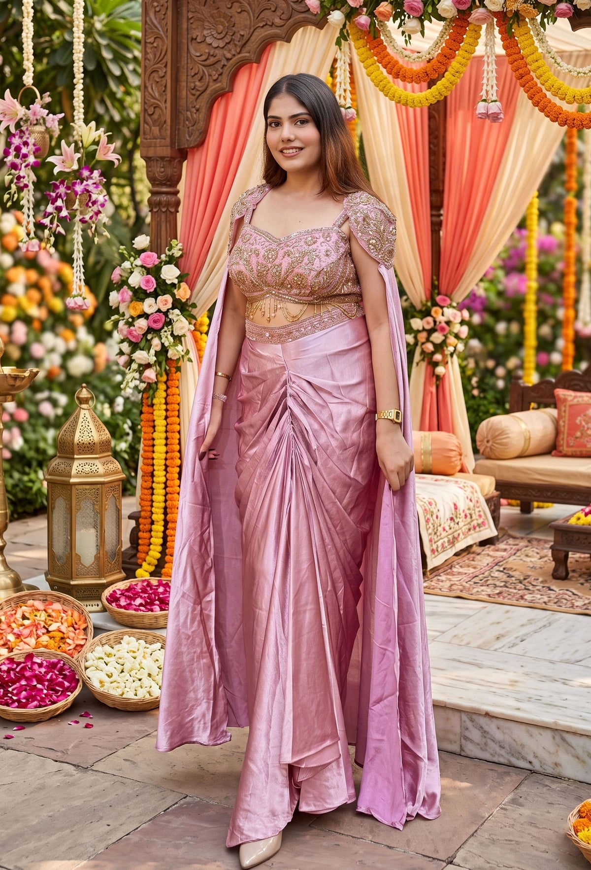 Designer Indo-Western Crop Top & Cowl Skirt Set with Waist Hangings and Falling Sleeves