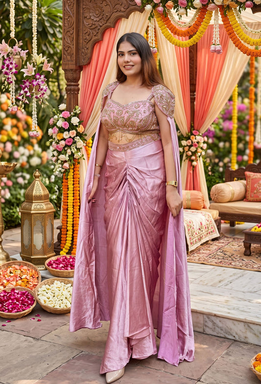 Designer Indo-Western Crop Top & Cowl Skirt Set with Waist Hangings and Falling Sleeves