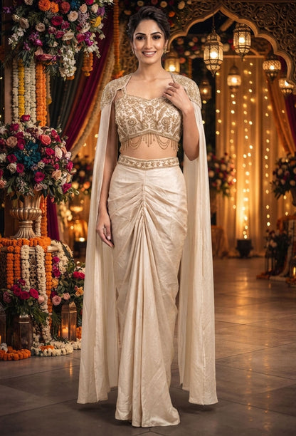 Designer Indo-Western Crop Top & Cowl Skirt Set with Waist Hangings and Falling Sleeves