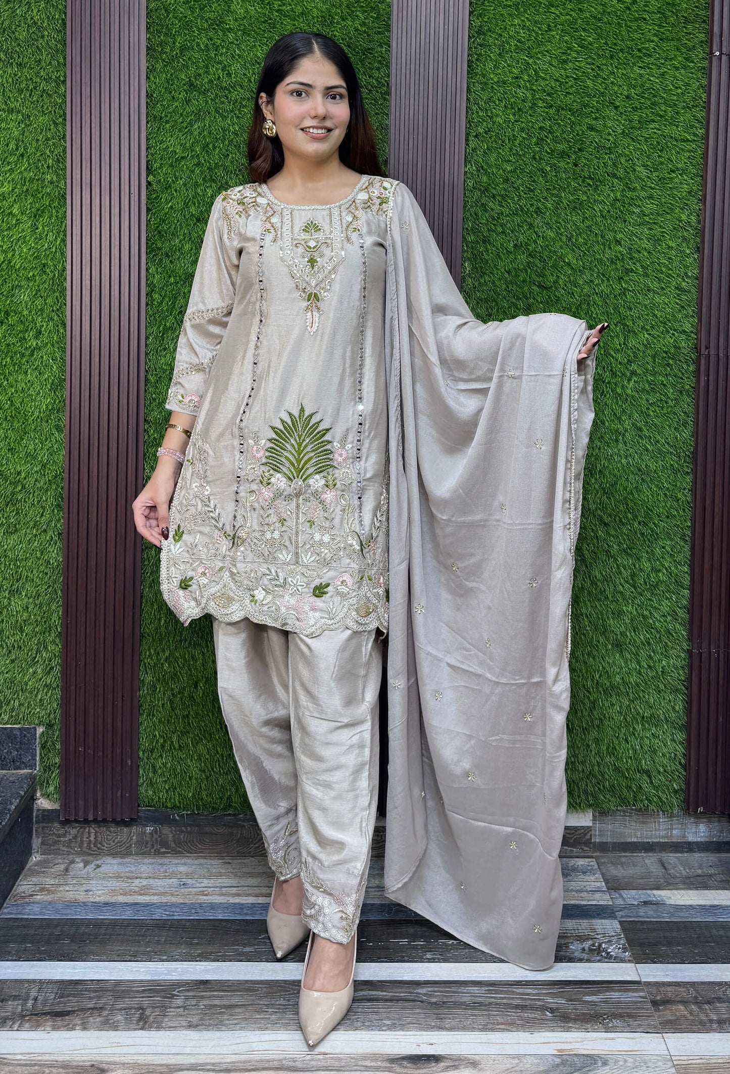 Chinnon Silk Embroidered Straight Shirt and Farshi Salwar Suit for Women with Dupatta