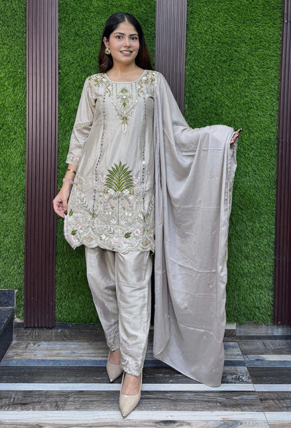 Chinnon Silk Embroidered Straight Shirt and Farshi Salwar Suit for Women with Dupatta