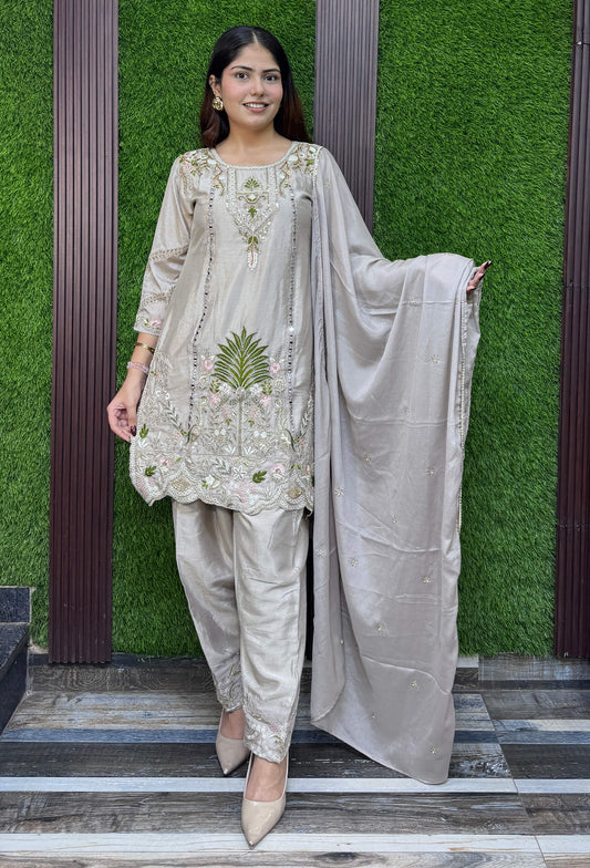 Chinnon Silk Embroidered Straight Shirt and Farshi Salwar Suit for Women with Dupatta