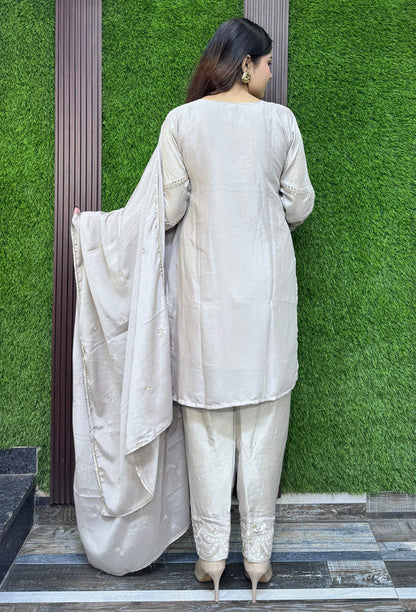 Chinnon Silk Embroidered Straight Shirt and Farshi Salwar Suit for Women with Dupatta